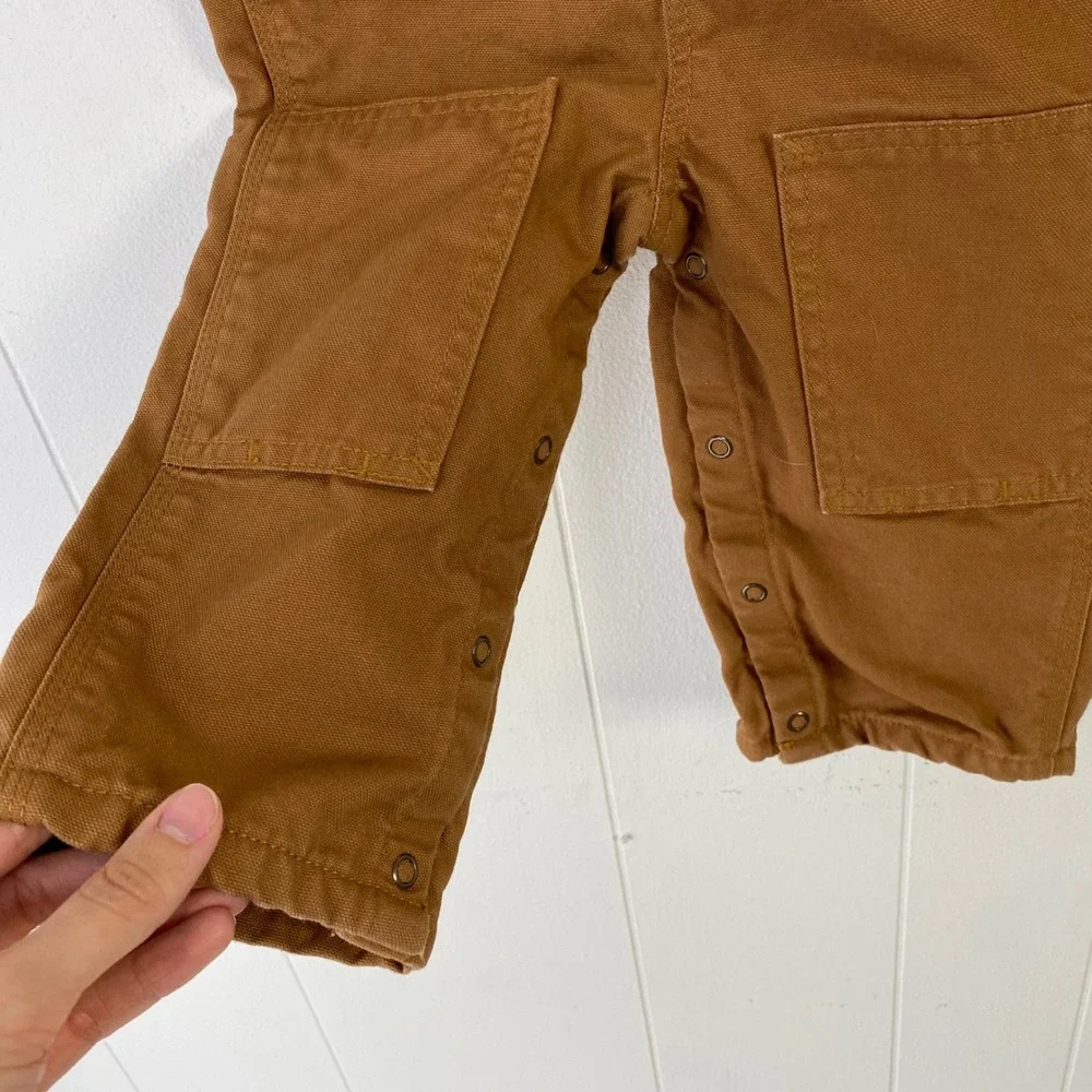 Carhartt Kids Flannel Lined Canvas Bib Overalls Brown Plaid Sz 18M